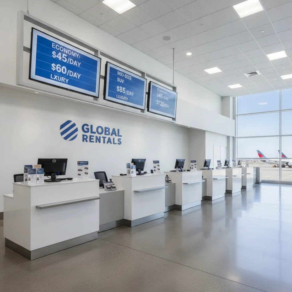 Rental car agency counter with daily rate price boards displayed, empty counter, bright lighting