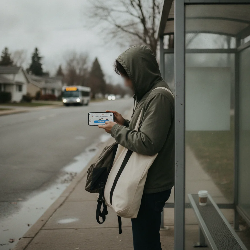Person checking ride-sharing app on smartphone while waiting at a suburban bus stop with a bag