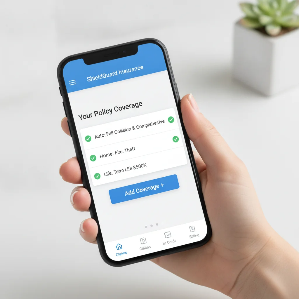Hand holding smartphone showing insurance app with policy add-on coverage options and add coverage button