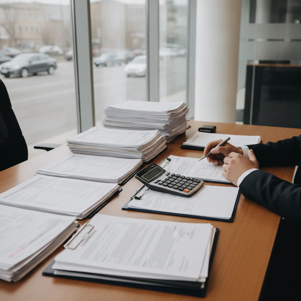 Car dealership finance office with paperwork spread across a desk and two people reviewing documents together