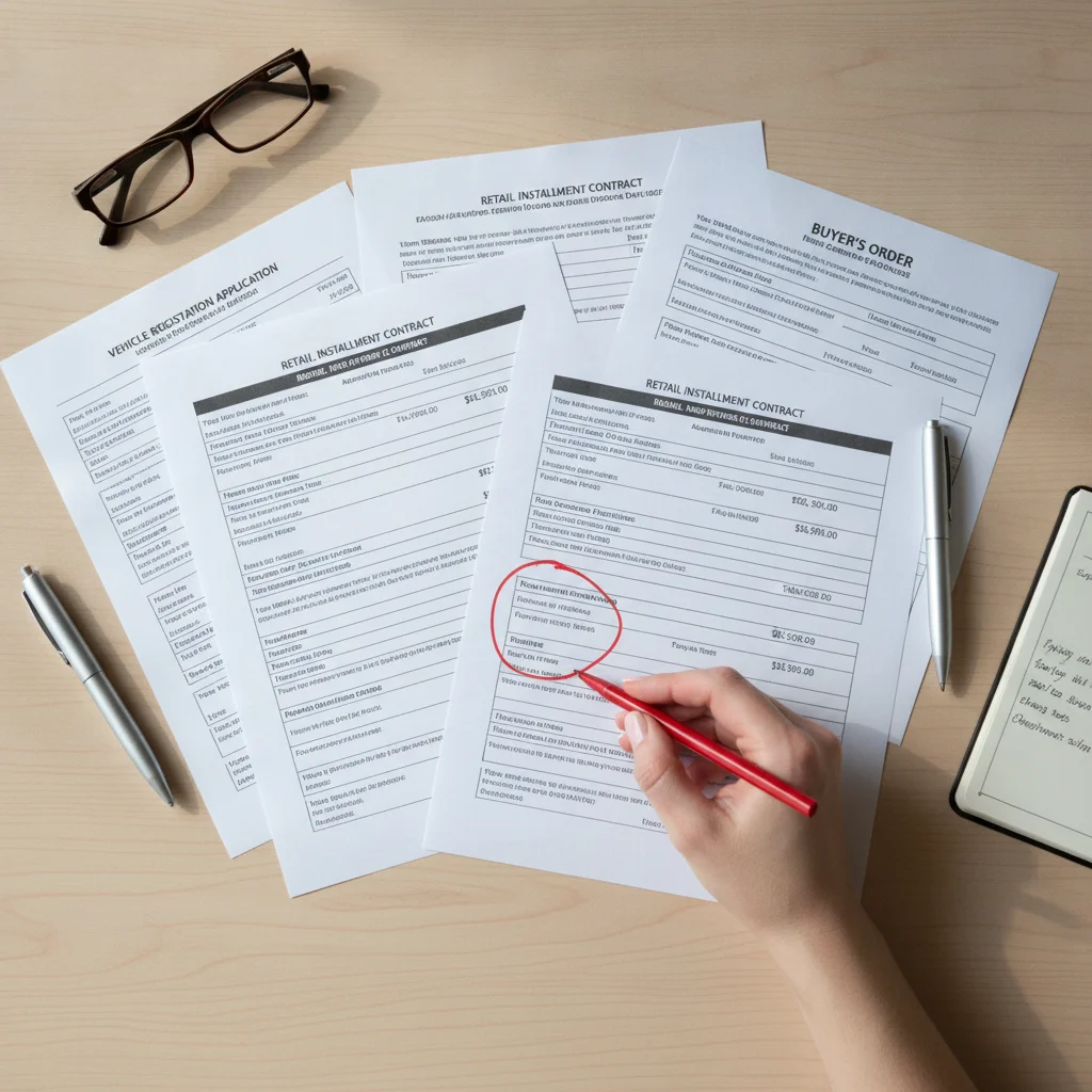 Two car purchase documents placed side by side showing a circled number discrepancy highlighted in red pen