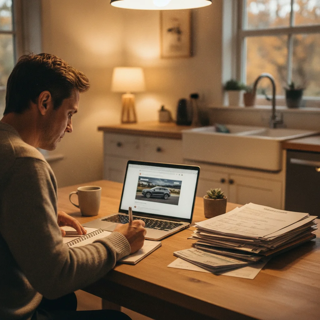 Person reviewing car purchase documents at home with a laptop and notepad, preparing for a dealership dispute