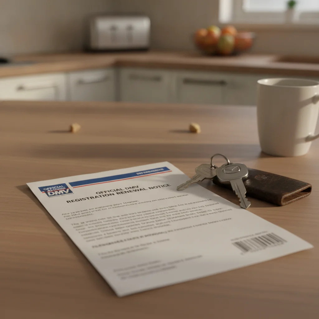 A DMV vehicle registration renewal notice letter on a kitchen counter next to car keys