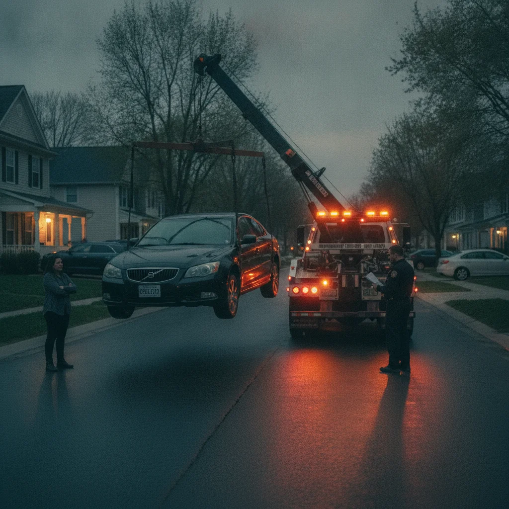 A tow truck lifting a sedan from a suburban street at dusk, with warning lights flashing