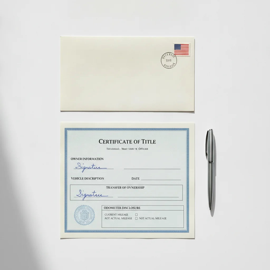 Vehicle certificate of title with signature lines and pen on a white surface