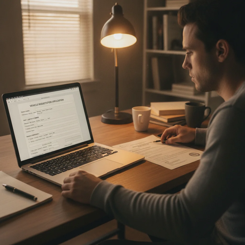 Person completing a DMV release of liability form online at a home desk with title document nearby