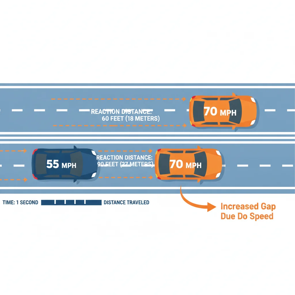 Overhead diagram comparing distance traveled at 55 mph versus 70 mph during reaction time before braking