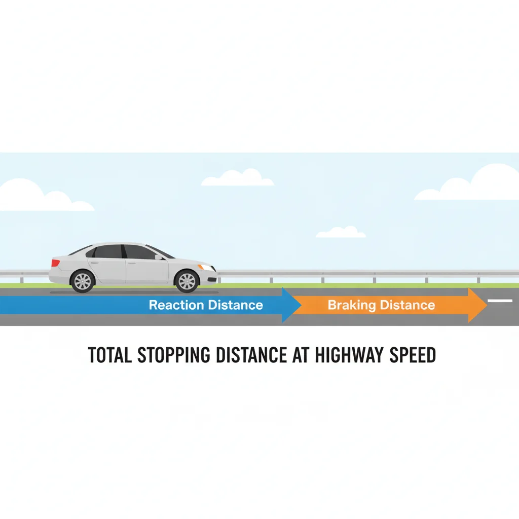 Diagram showing reaction distance and braking distance components of total stopping distance at highway speed