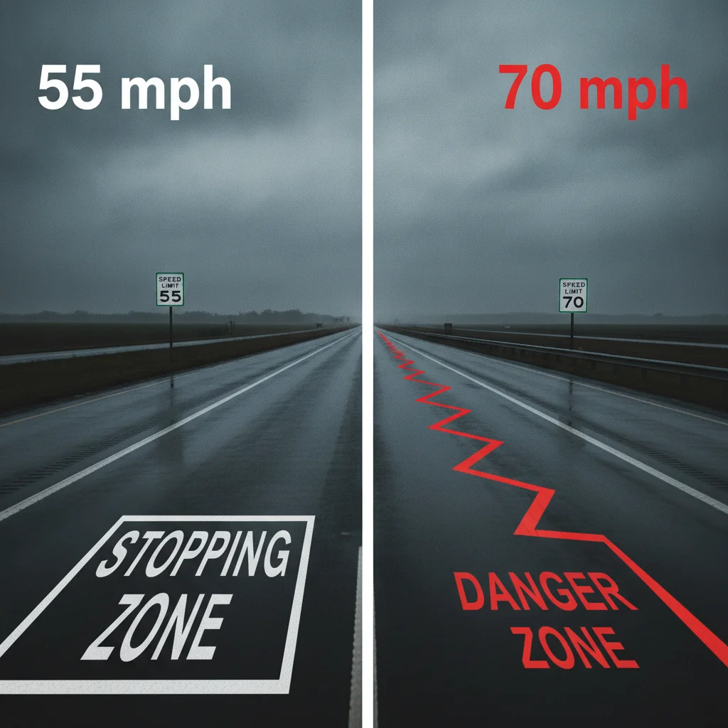 Driver's perspective split image comparing stopping distance visibility at 55 mph and 70 mph on wet highway