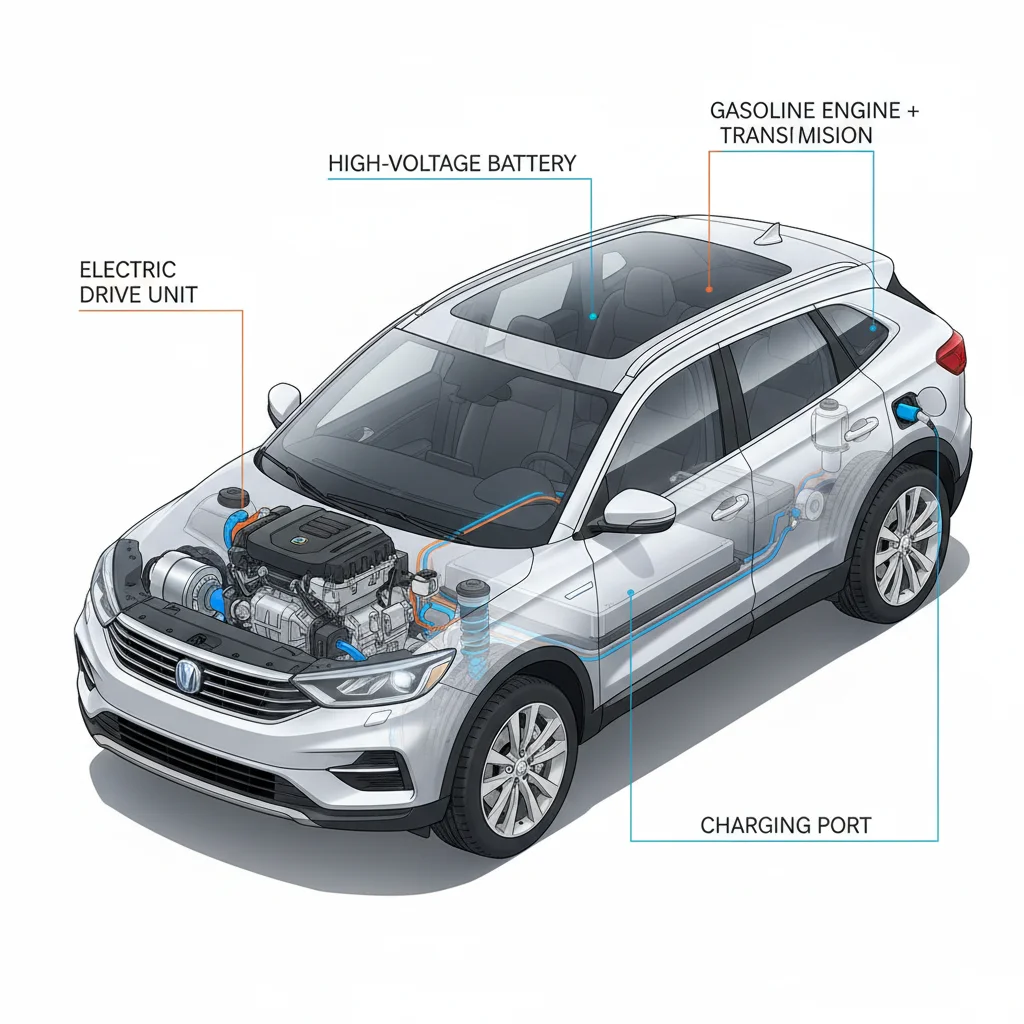 Cutaway illustration of PHEV showing battery pack, electric motor, and gasoline engine layout