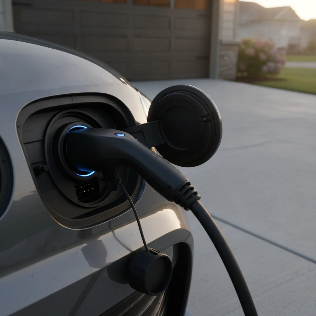 PHEV charging cable plugged into home charging port in a residential garage at dusk