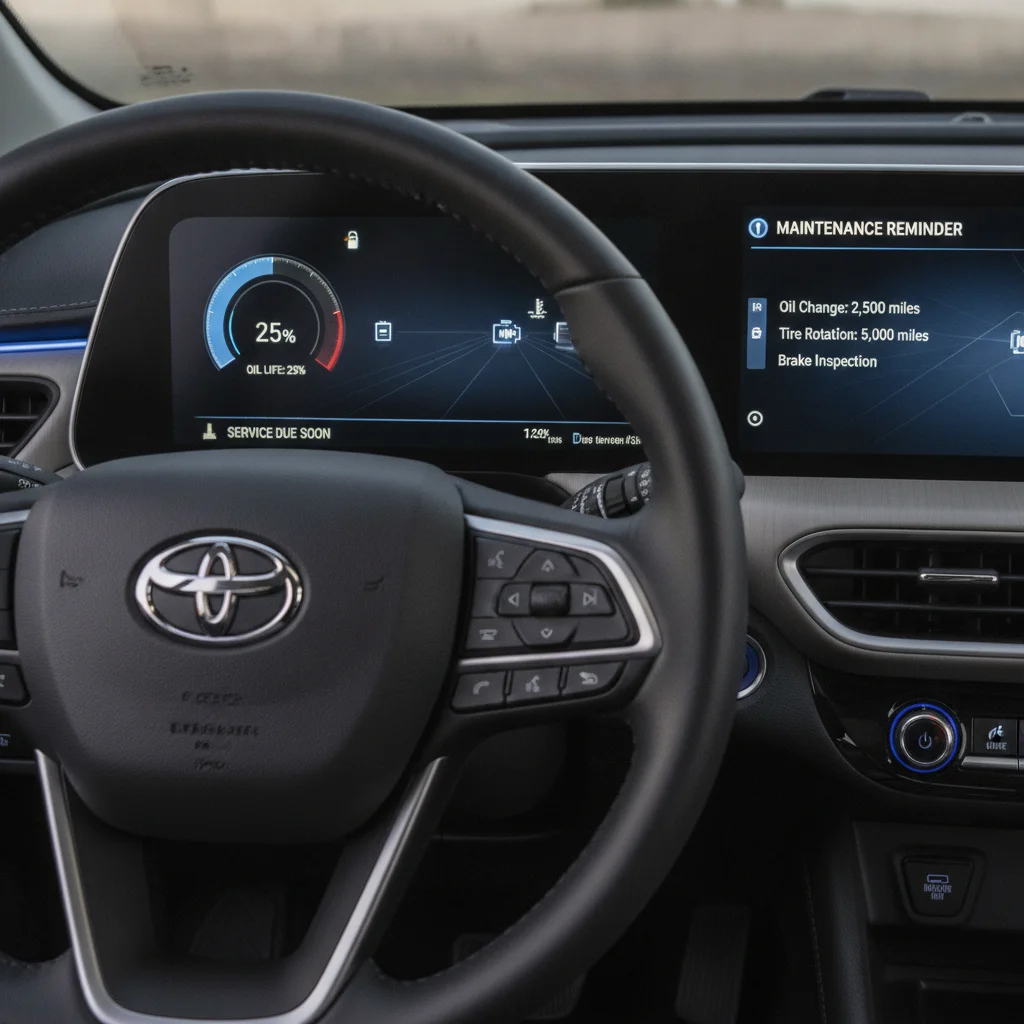 Dashboard display showing service reminder and oil life indicator on a plug-in hybrid vehicle