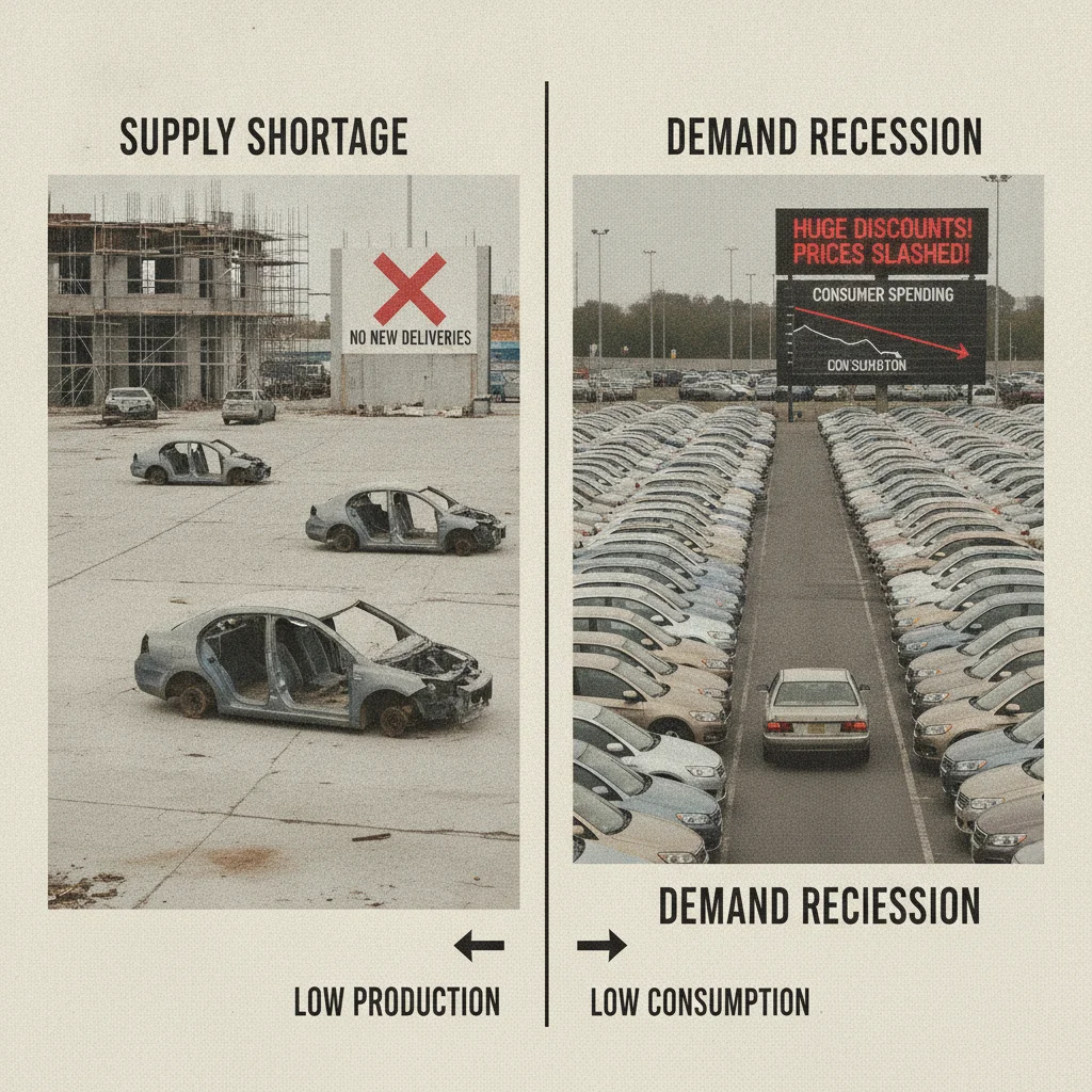 Contrasting used car lot scenes showing supply shortage versus demand recession conditions