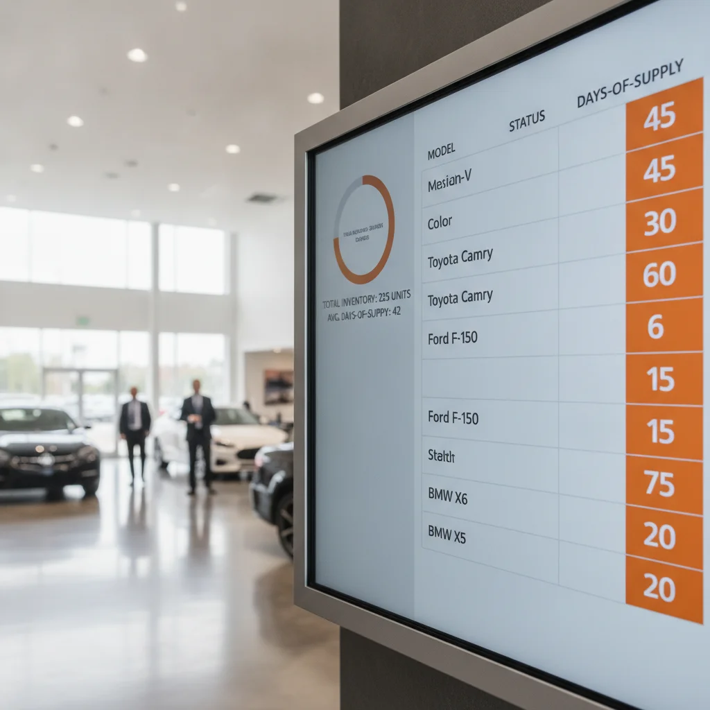 Dealership inventory board displaying new car supply levels and days-of-supply metrics