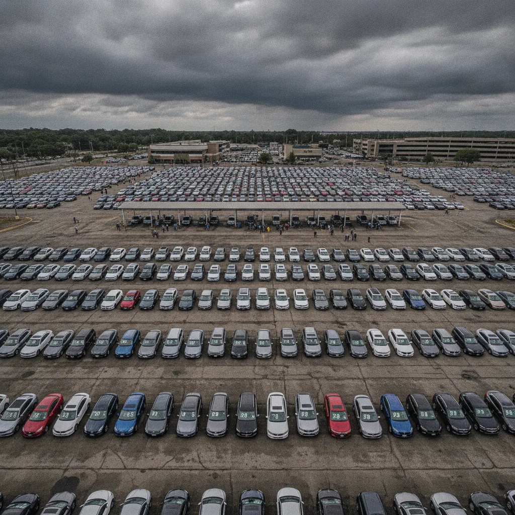 Aerial view of a used car auction lot with hundreds of vehicles lined up in rows