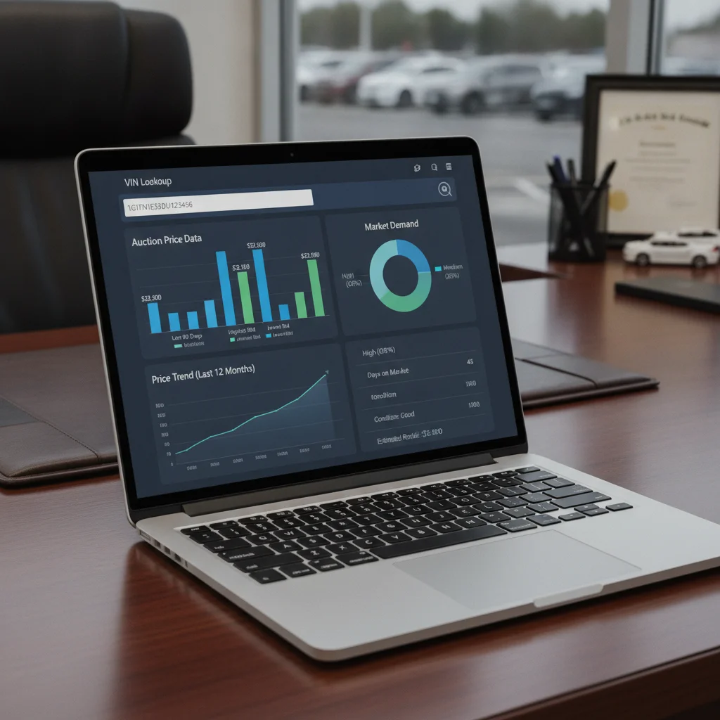 Dealer laptop screen showing VIN lookup and live auction valuation data in a dealership office