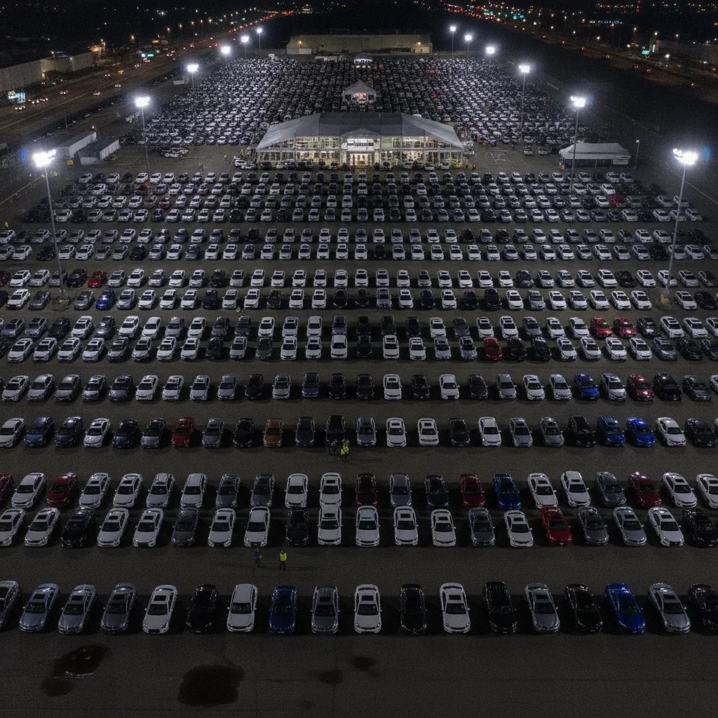 Aerial view of a large auto auction lot with hundreds of vehicles organized in rows