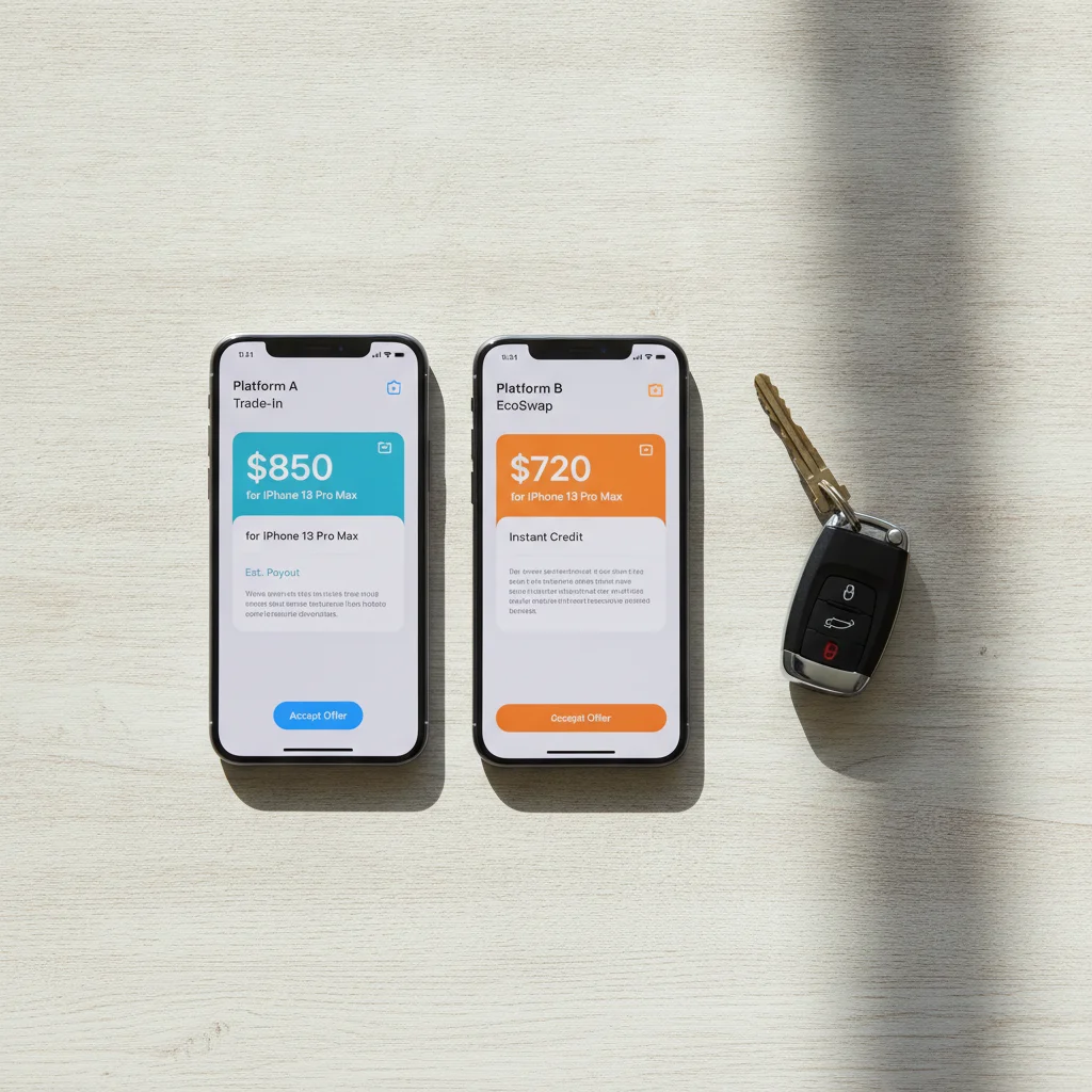 Two smartphones side by side showing competing vehicle trade-in offers on dealer platforms