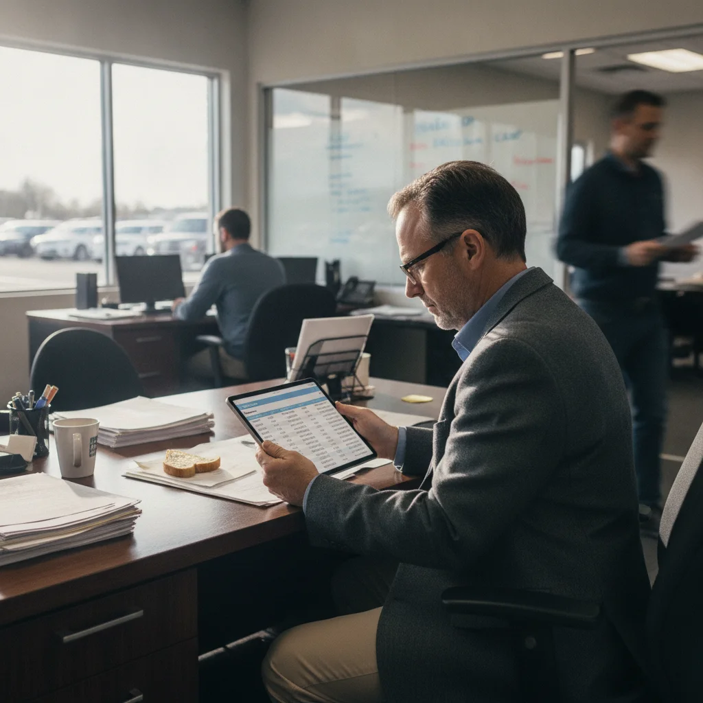 A dealership used car manager reviewing trade-in inventory data on a tablet in a dealership office