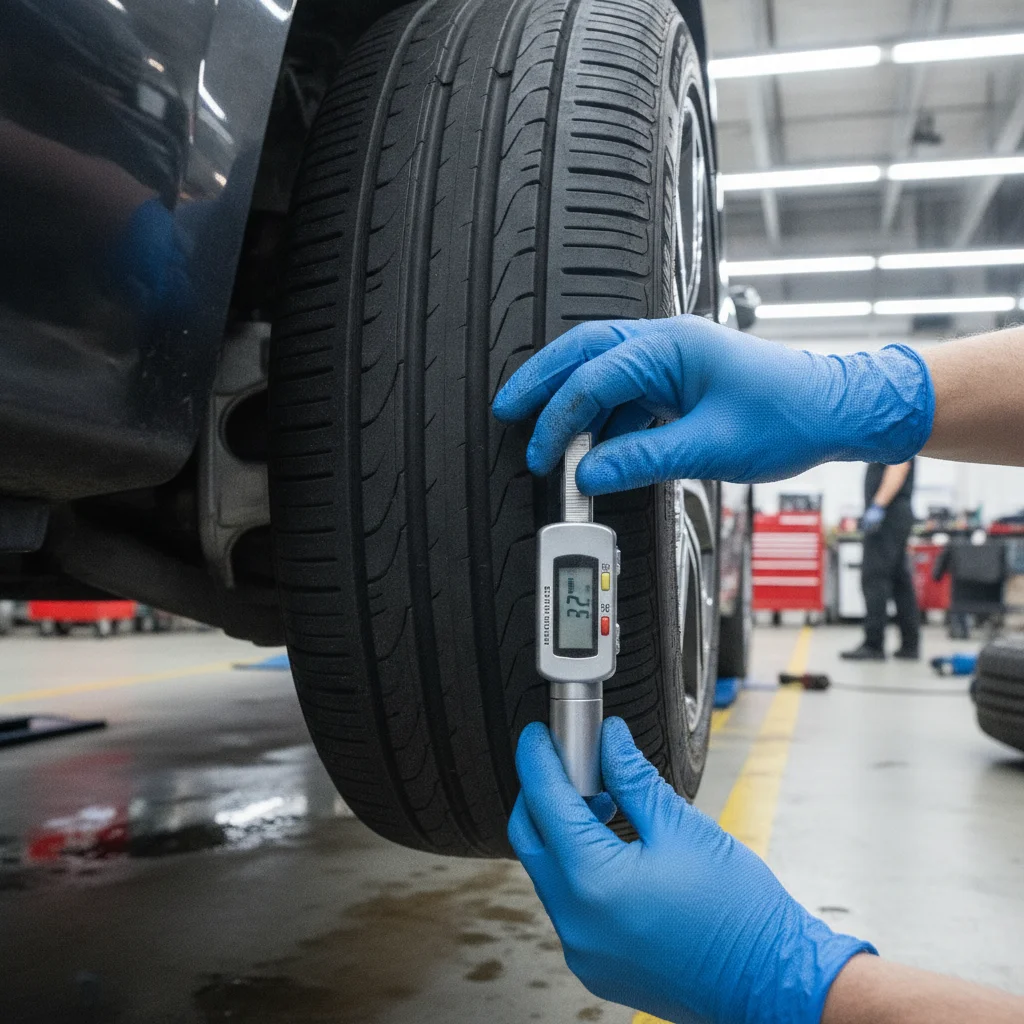A mechanic measuring tire tread depth during a trade-in vehicle inspection in a dealership service bay
