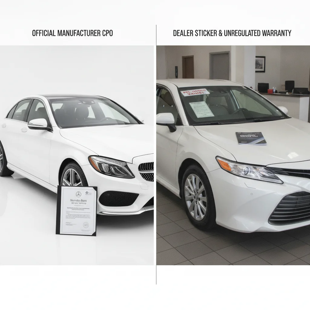Side-by-side comparison of a manufacturer-certified CPO vehicle and a dealer-certified used car showing documentation differences