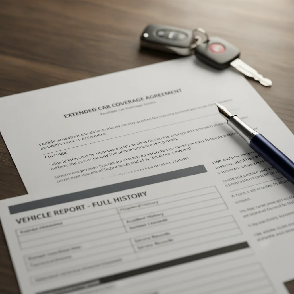 CPO warranty documents, vehicle history report, and car keys laid out on a desk ready for review