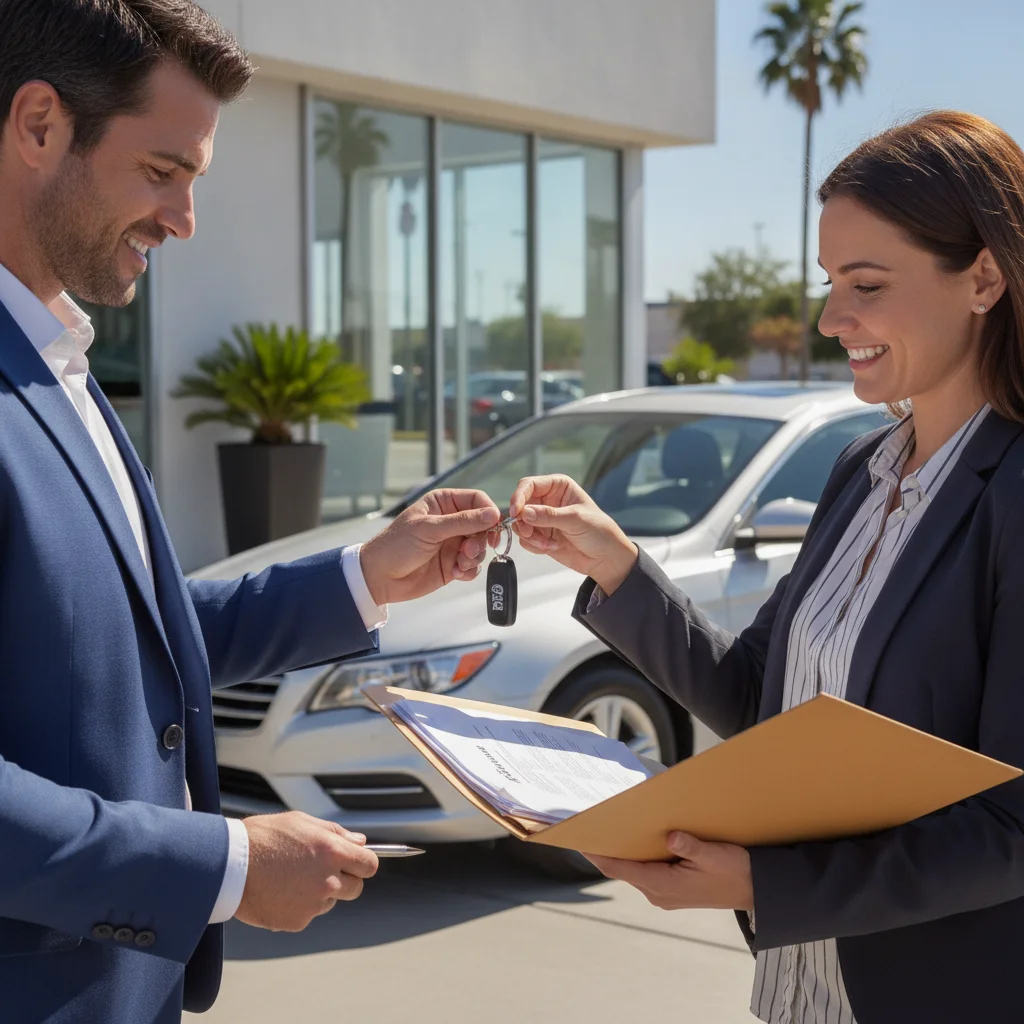 Car seller handing keys and warranty paperwork to a new buyer during a private vehicle sale