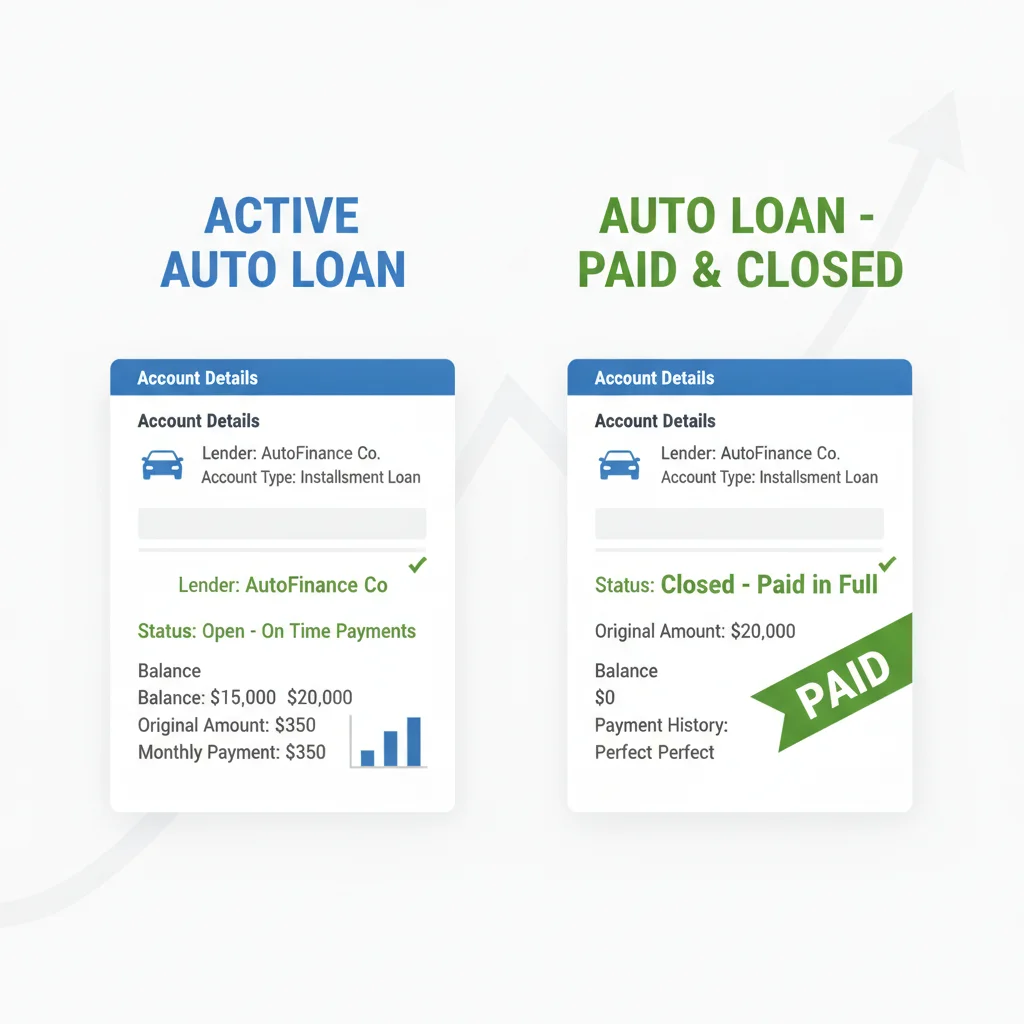 Side-by-side comparison of an active auto loan account versus a closed paid-off account on a credit report