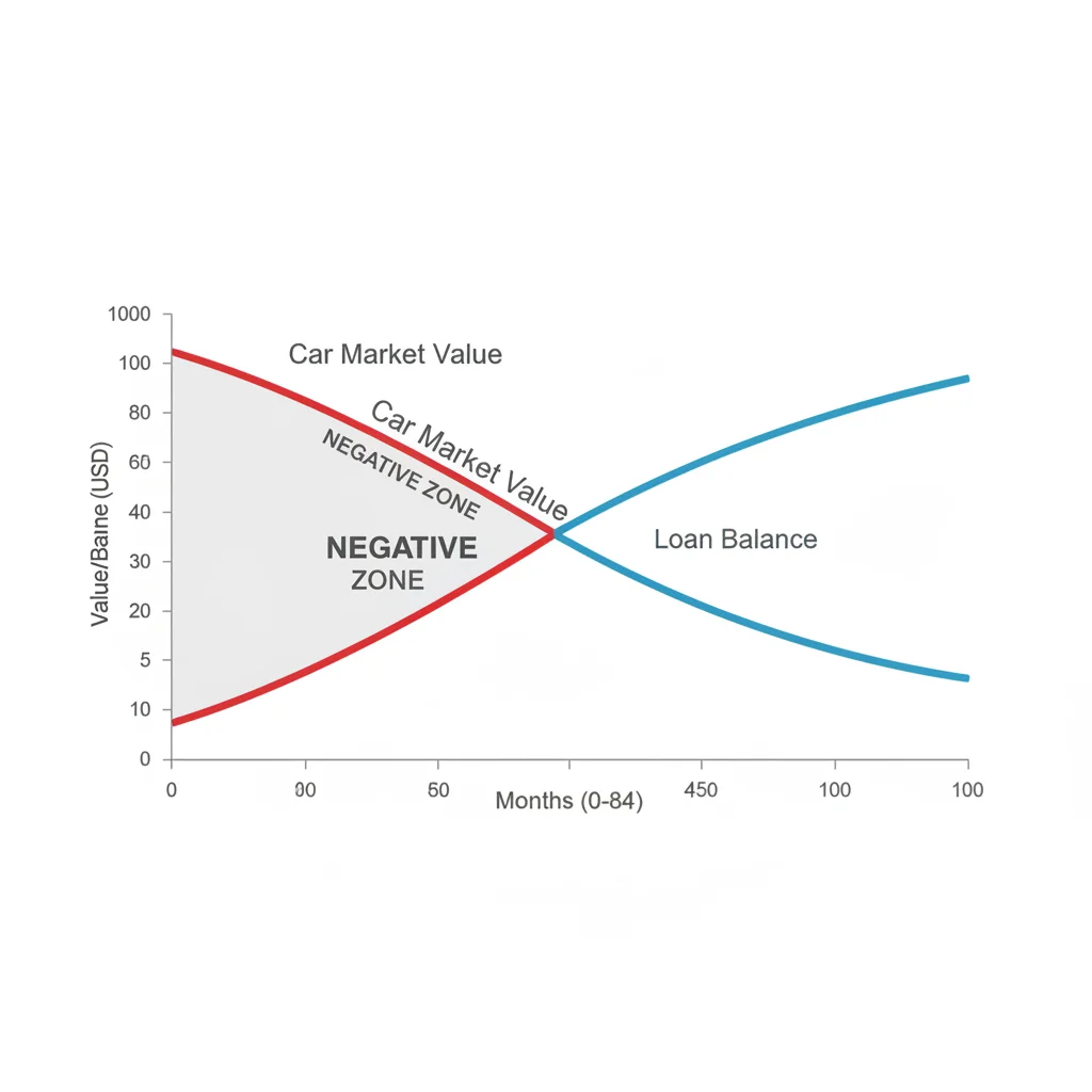 Line graph showing vehicle market value declining faster than loan balance over 84 months, with a negative equity zone highlighted
