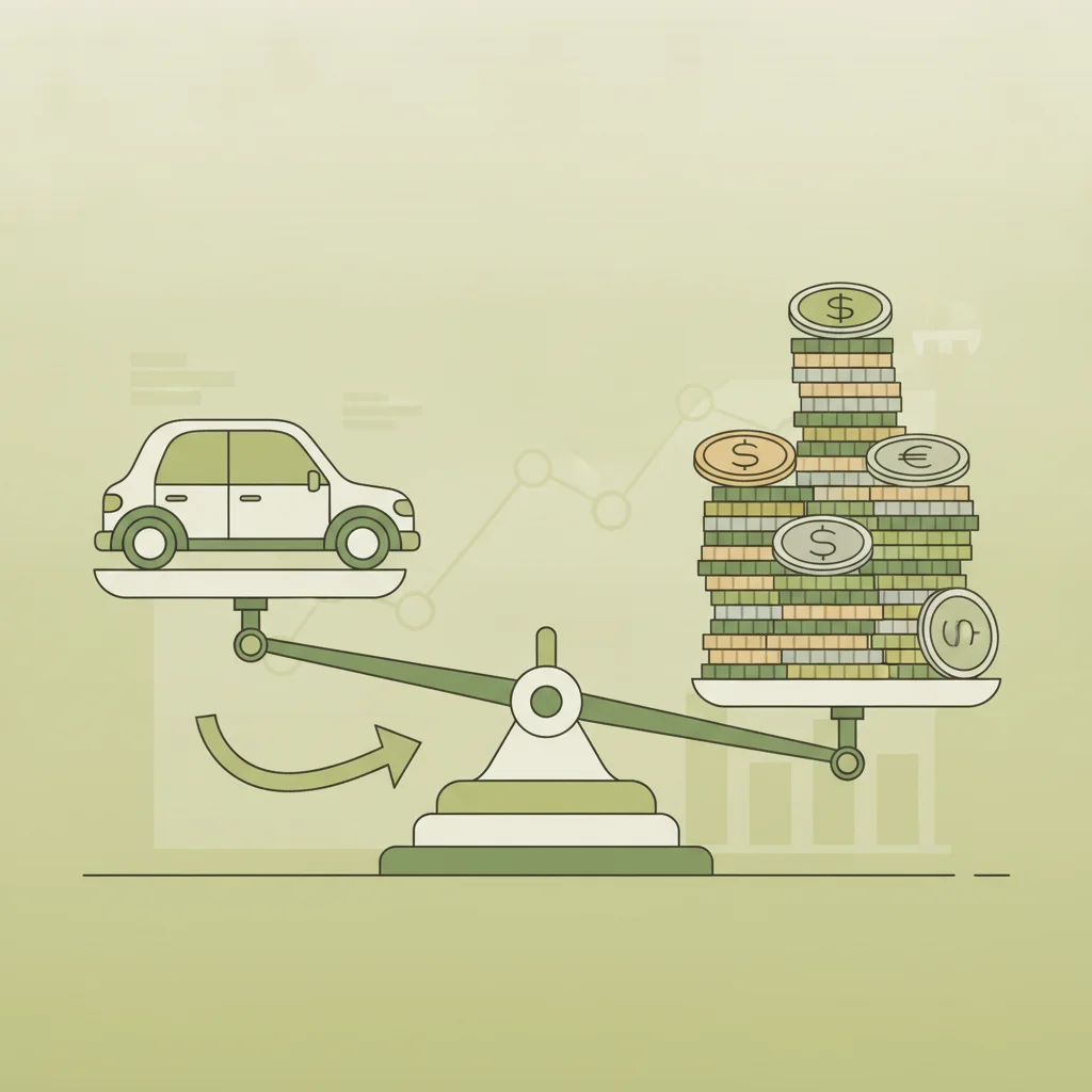 Flat illustration of a car on a scale balanced against a coin stack representing vehicle equity and loan balance comparison