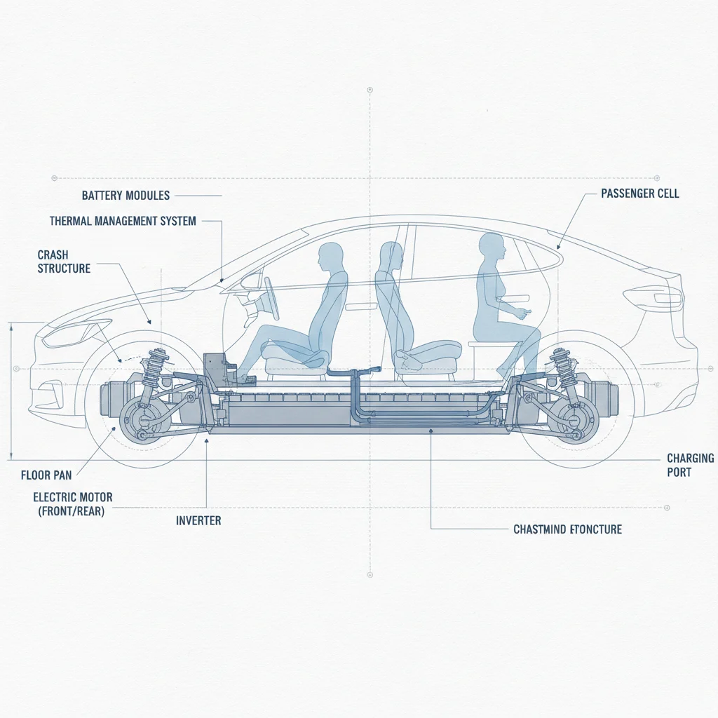 Technical illustration showing an EV floor pan with battery pack modules arranged beneath the passenger compartment