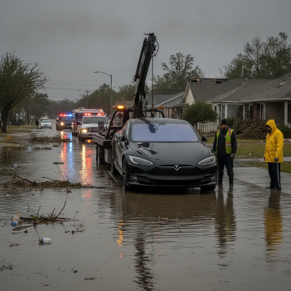 Electric vehicle being towed away from a flooded street after severe weather damage