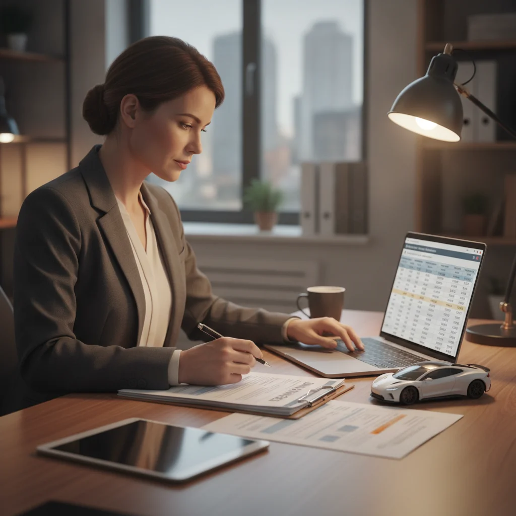 Insurance professional reviewing EV policy documents at a desk with a vehicle model and laptop