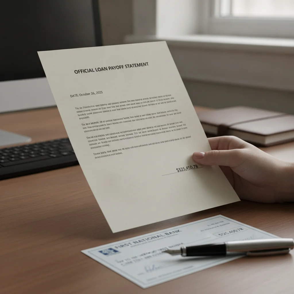 A borrower holding a formal loan payoff quote letter from a lender alongside a check
