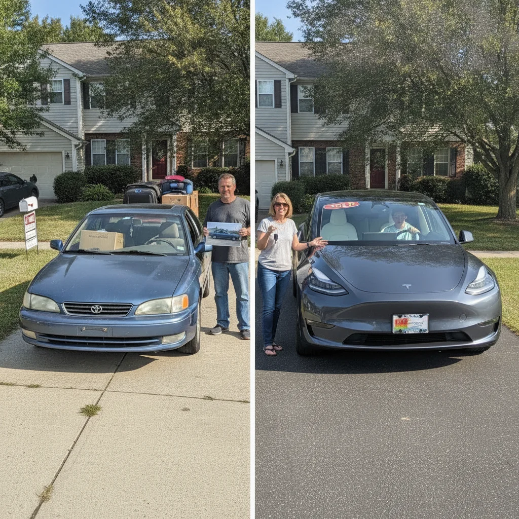 An older sedan parked next to a newer SUV in a residential driveway representing a vehicle trade-in transition