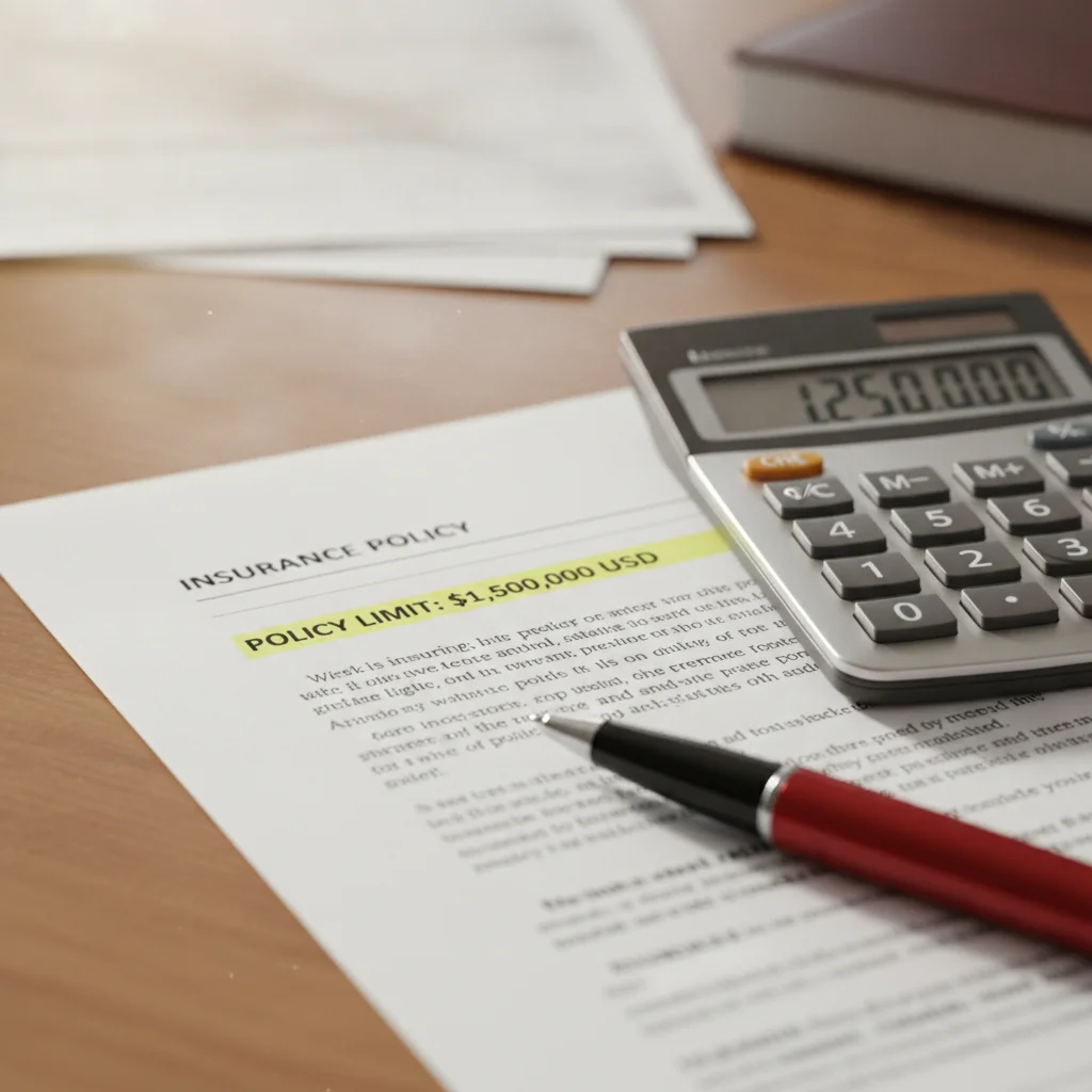 An insurance policy document with a highlighted liability limit and a calculator on a desk