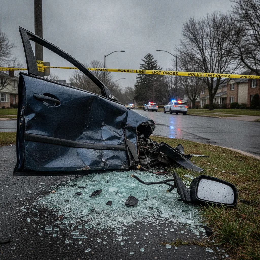 Crumpled car door and shattered glass at an urban traffic accident scene with police tape