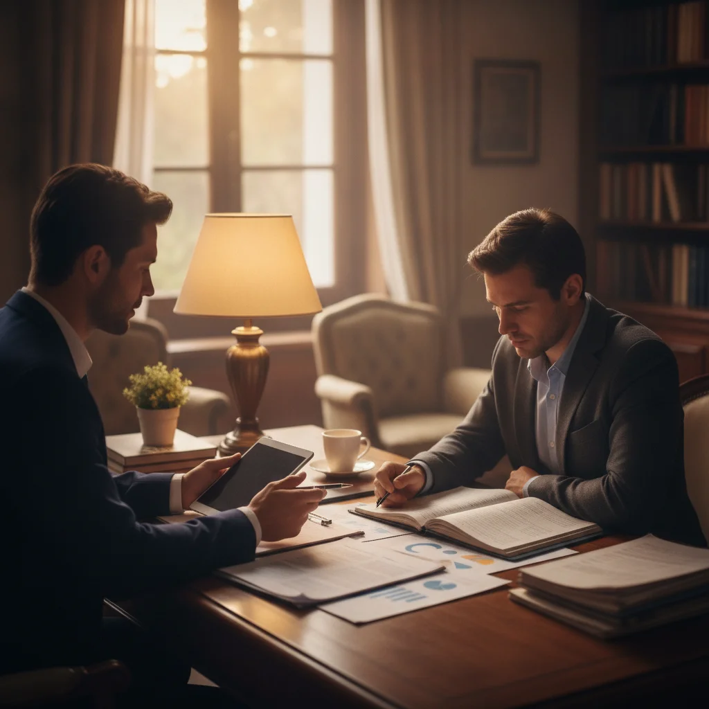 A person reviewing financial and legal documents with an advisor in a professional office setting