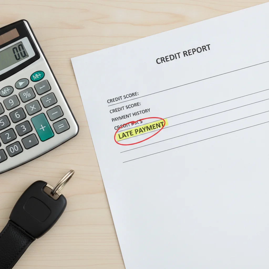 A credit report showing a highlighted 30-day late payment entry next to car keys