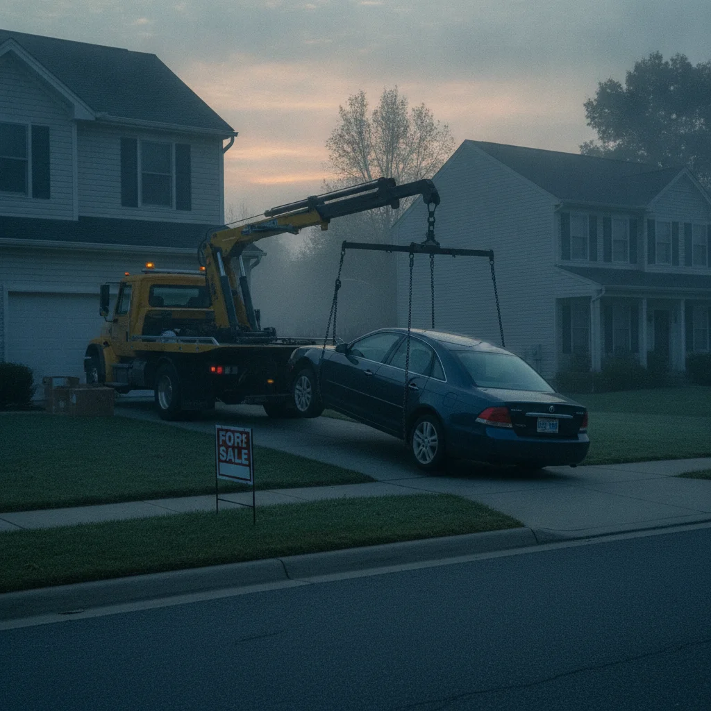 A tow truck repossessing a sedan from a suburban driveway at dawn