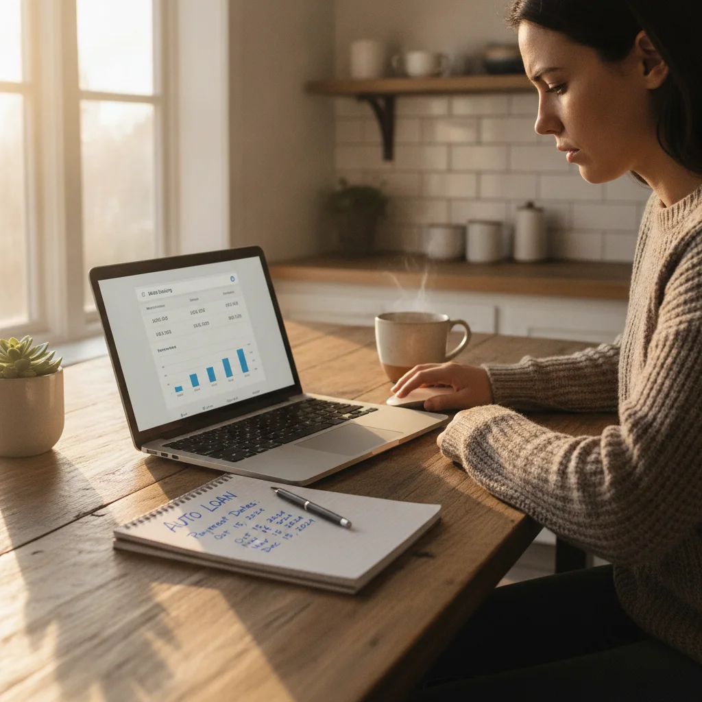 A person reviewing auto loan payment dates on a laptop with a written schedule nearby