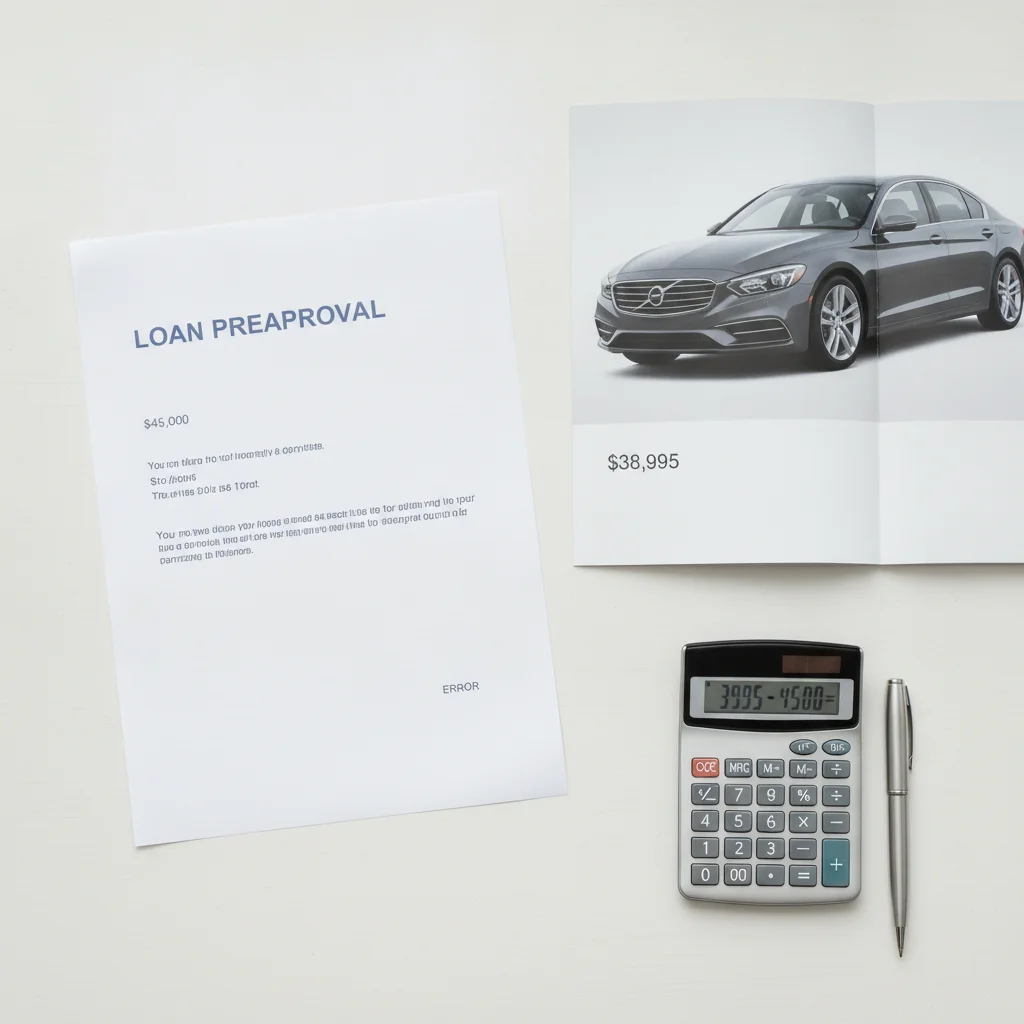 Preapproval letter and car brochure side by side on a desk with a calculator showing a gap calculation