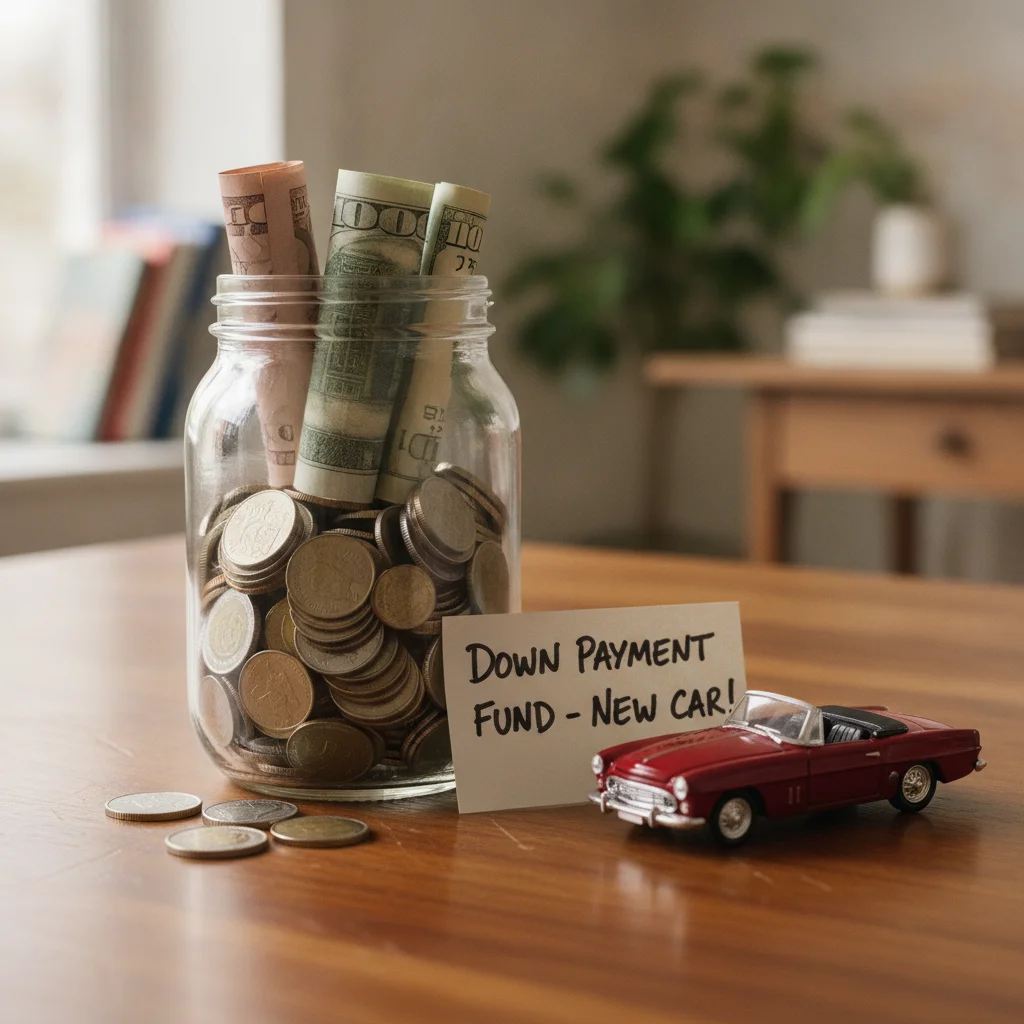 Glass jar of savings coins and bills beside a miniature car representing a down payment fund