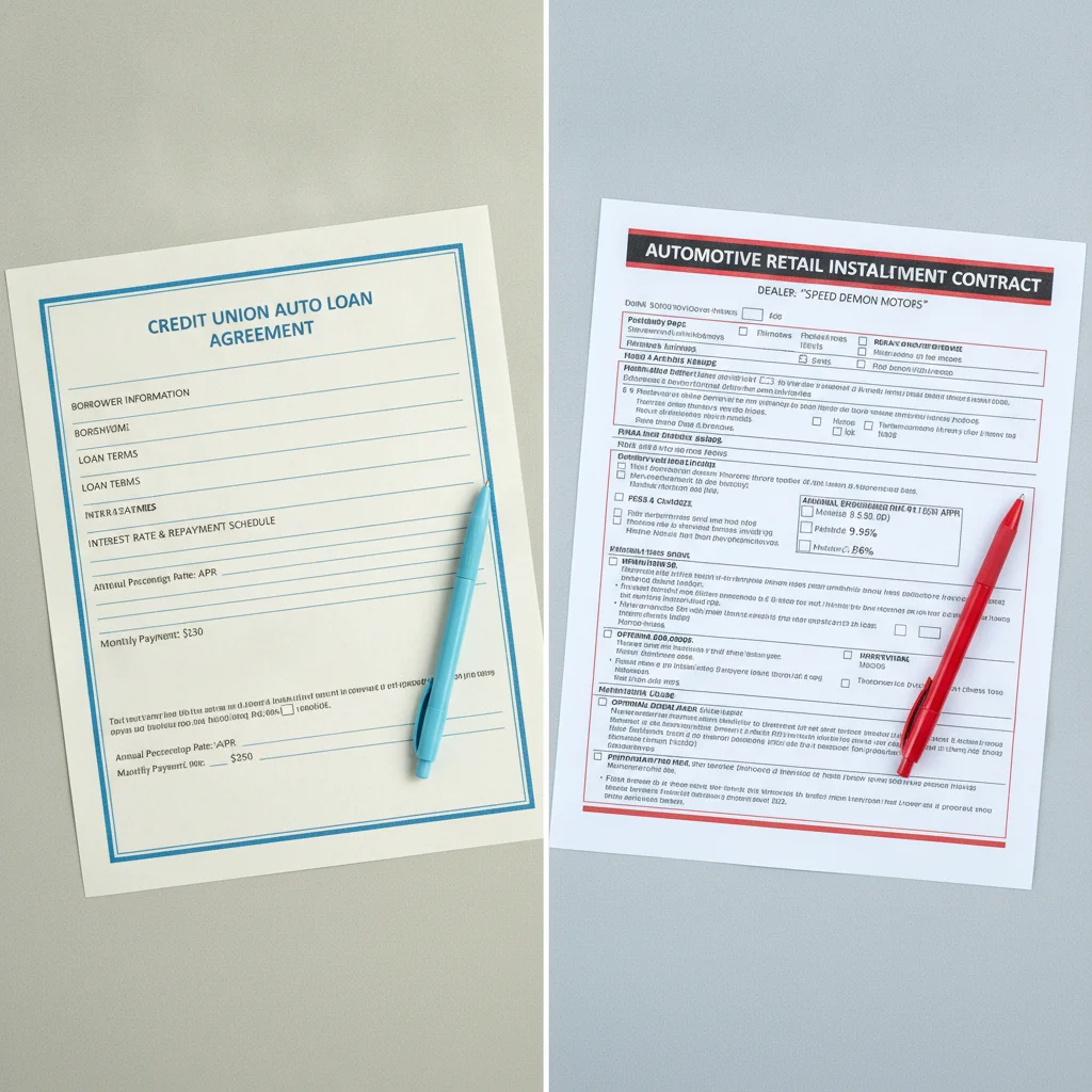 Two loan documents side by side comparing credit union preapproval with dealer financing terms