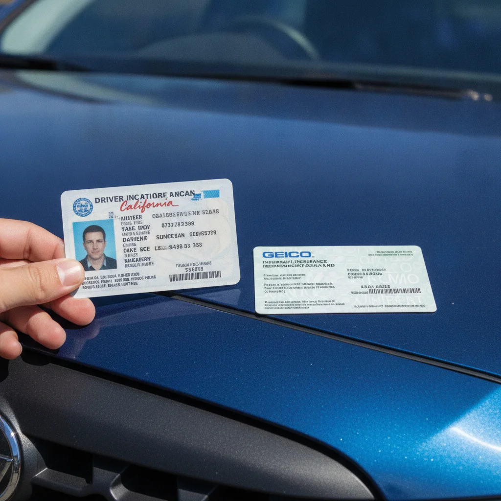 A driver's license and insurance card placed side by side on a car hood during an information exchange