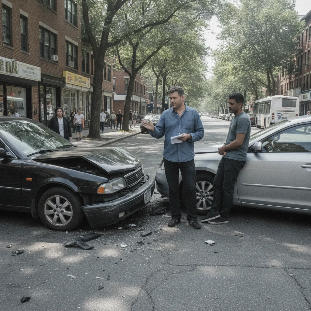 A bystander near two cars involved in an accident being approached to provide witness contact information