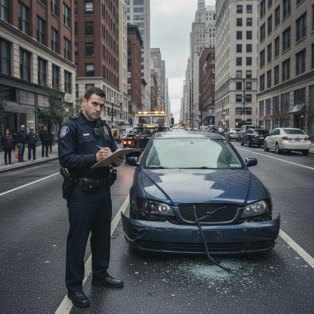 A police officer filling out a crash report beside a damaged vehicle at an accident scene