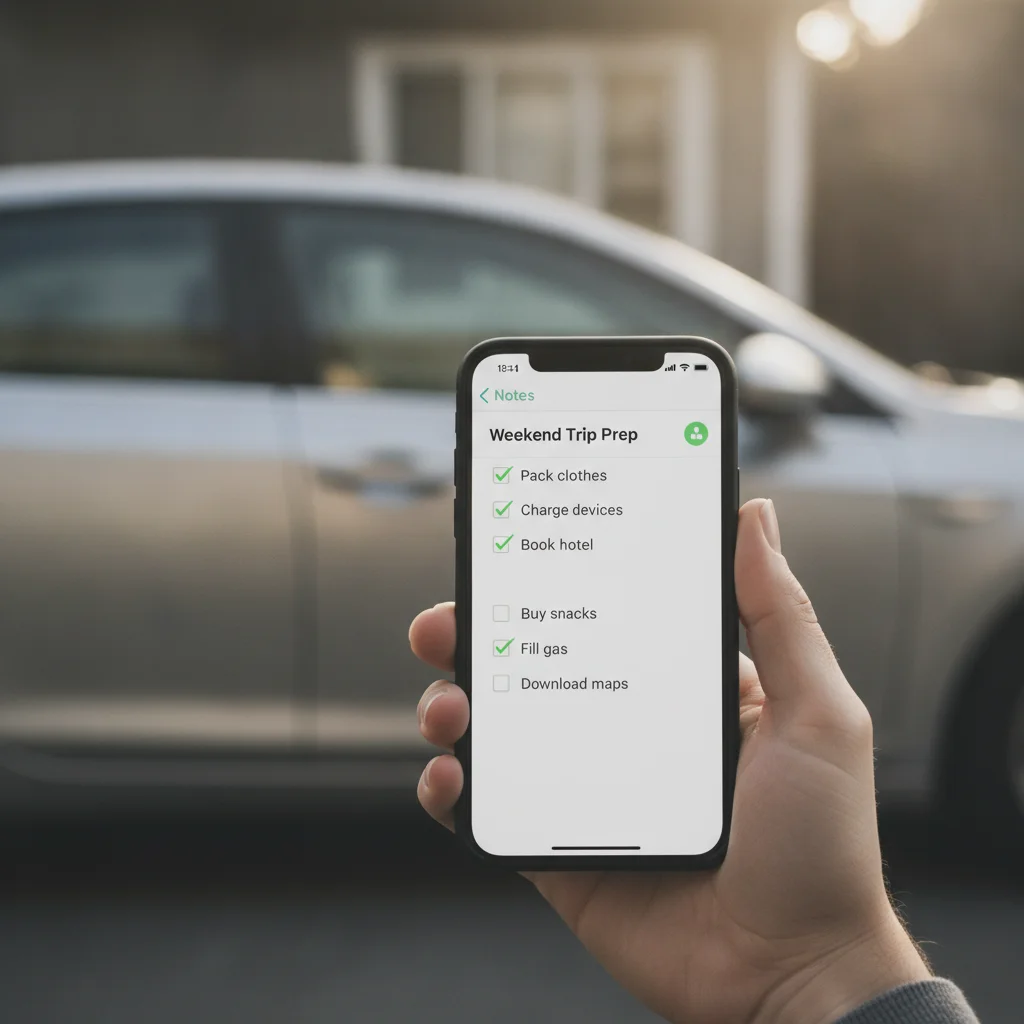Hand holding smartphone with a checklist notes app open after a car accident
