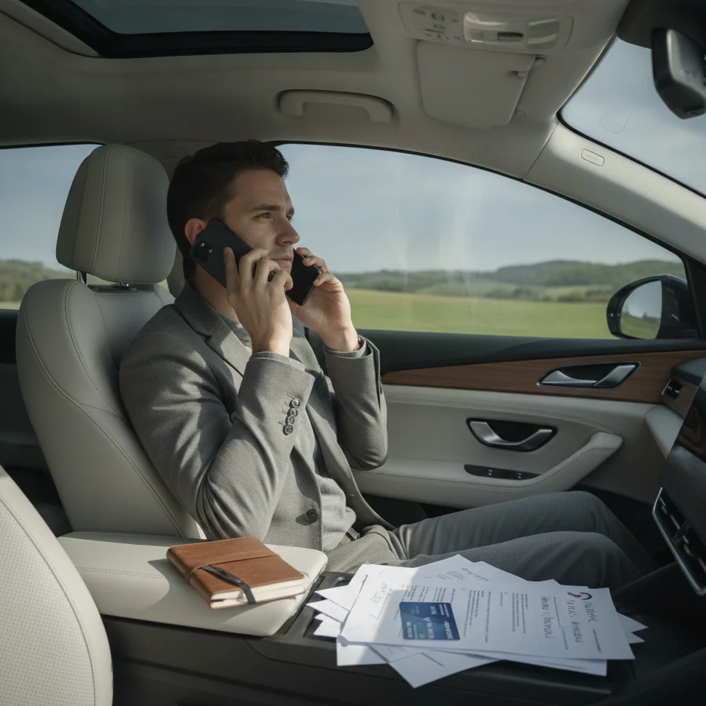 Driver calmly making an insurance claim phone call with documents organized on the passenger seat