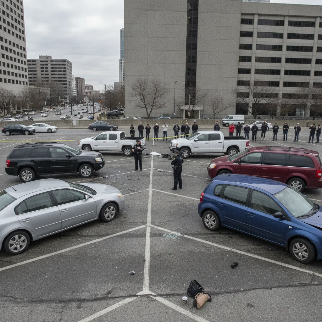 Multi-vehicle accident in a parking lot with several cars and bystanders visible in daylight